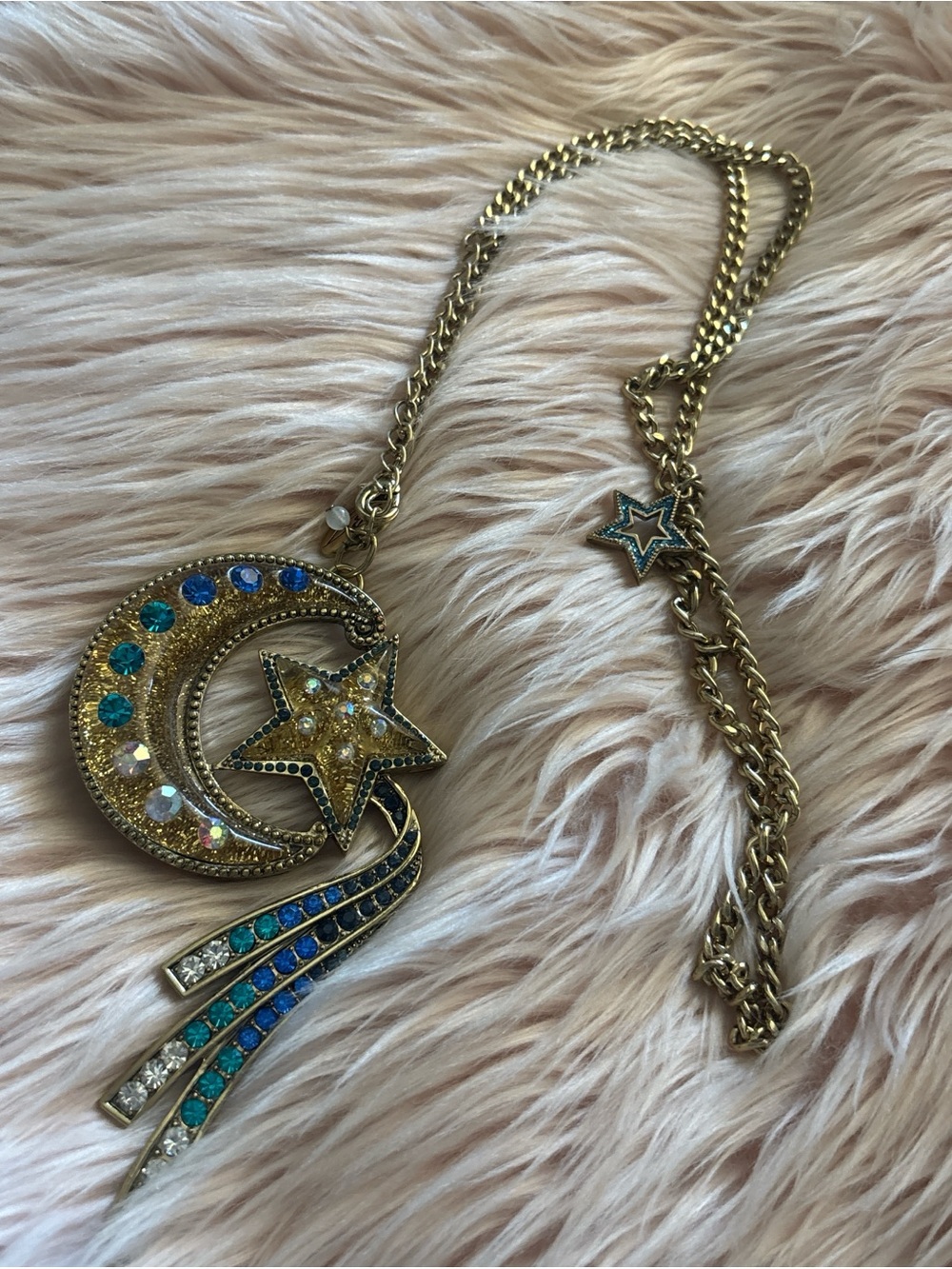 Gold-tone Crescent Moon and Star Pendant Necklace with Blue Accents - Picture 2 of 4